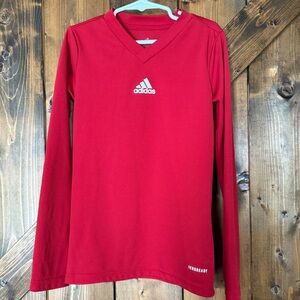 Boys Adidas Aeroready Long Sleeve V-Neck Red Dri-Fit Athletic Shirt Small-9/10Y